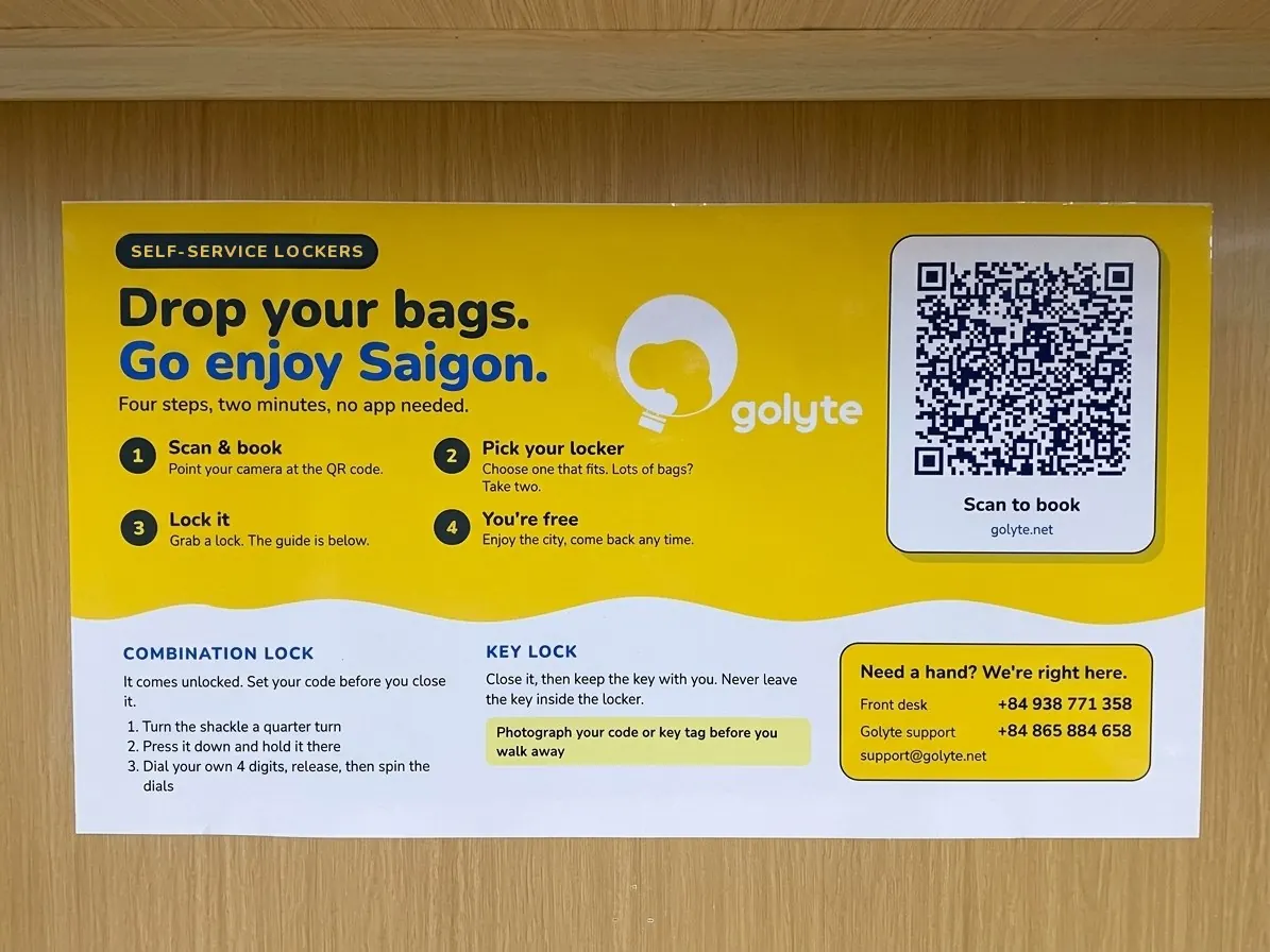 The QR board above the lockers, with the steps and the lock guide